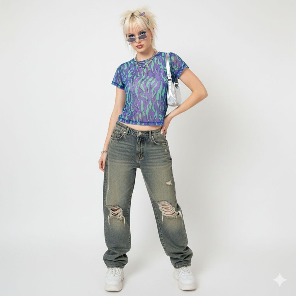 Circus Ivy Retro Lilac & Green Zebra Sheer Polyester Spandex Crop Top Sz S